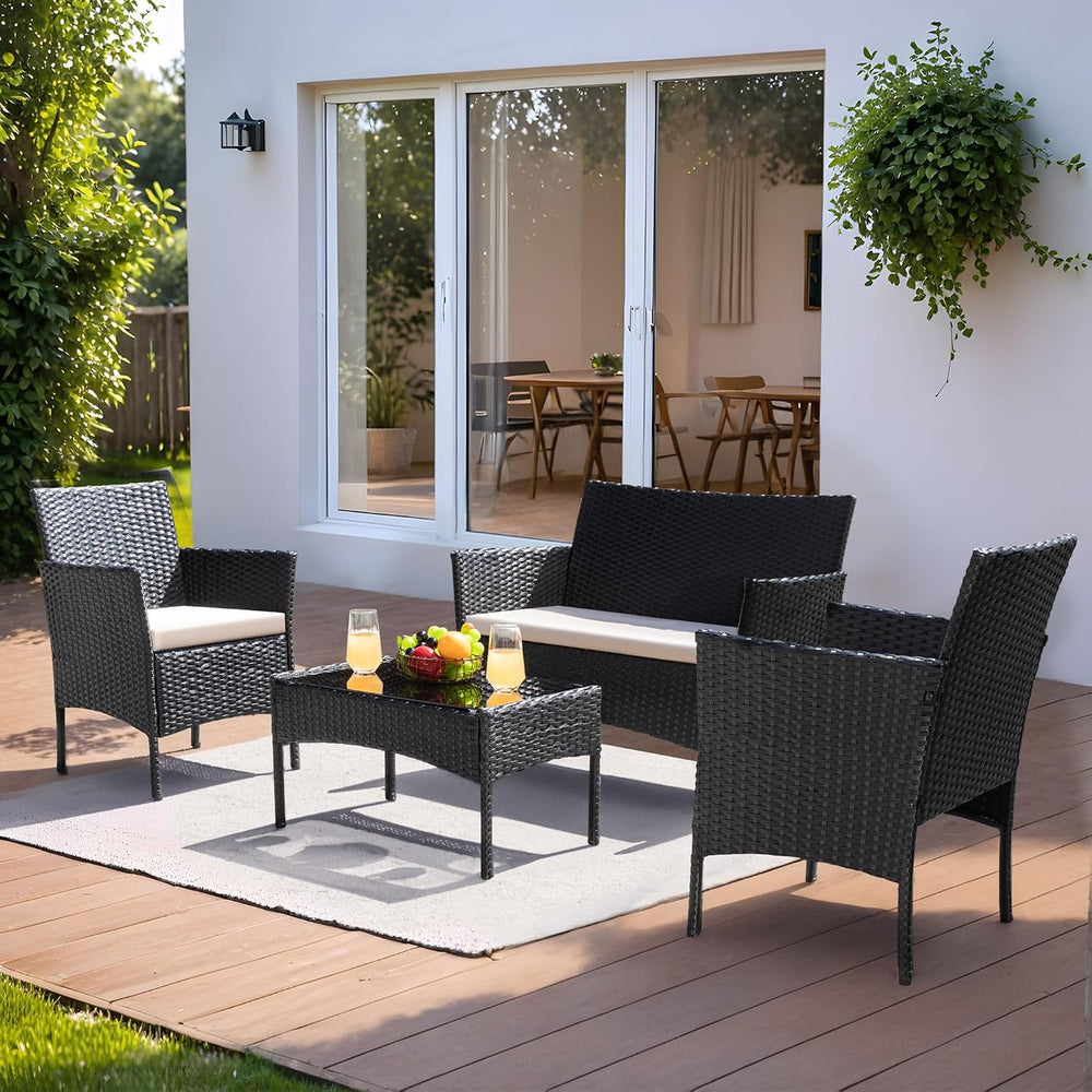 Greesum 4 Pieces Patio Furniture Conversation Sets,Black and Beige