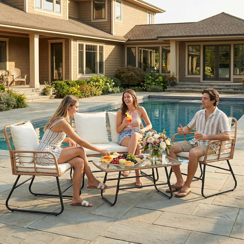DUMOS Outdoor 4 Piece Outdoor Patio Furniture Set, Wicker Patio Set