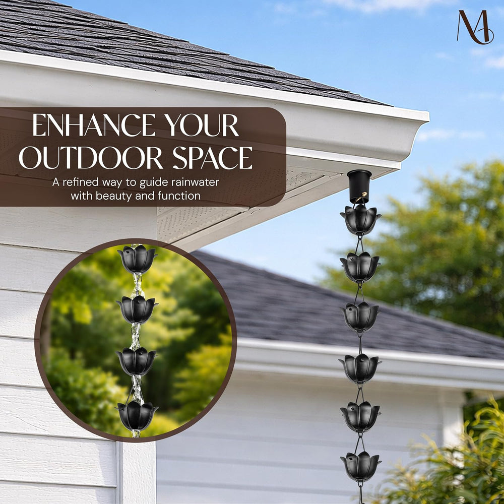 Monarch Rain Chains Aluminum Lotus Black Rain Chains for Gutters – 8.5 ft Bla...