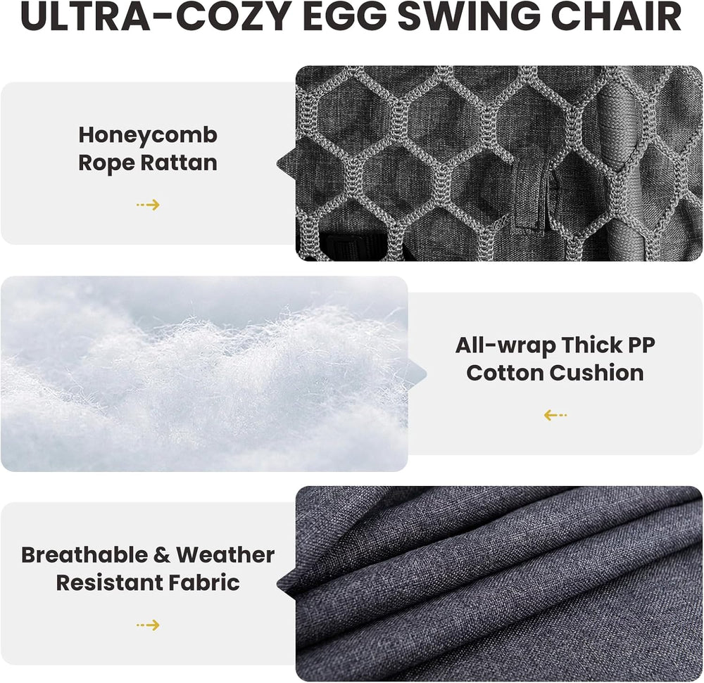 Egg Chair Outdoor with Stand, 400lbs Wicker Hanging Egg Swing Chair, Porch Sw...
