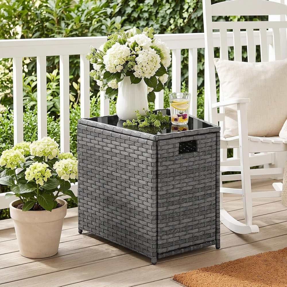 Restland Outdoor Wicker Table - Grey Rattan Coffee Table with Tempered Glass ...