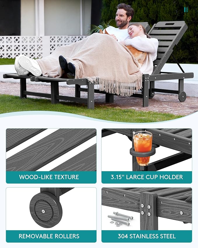 SERWALL Outdoor Chaise Lounge Chair, HDPE Patio Lounge Chair with Cup Holder,...