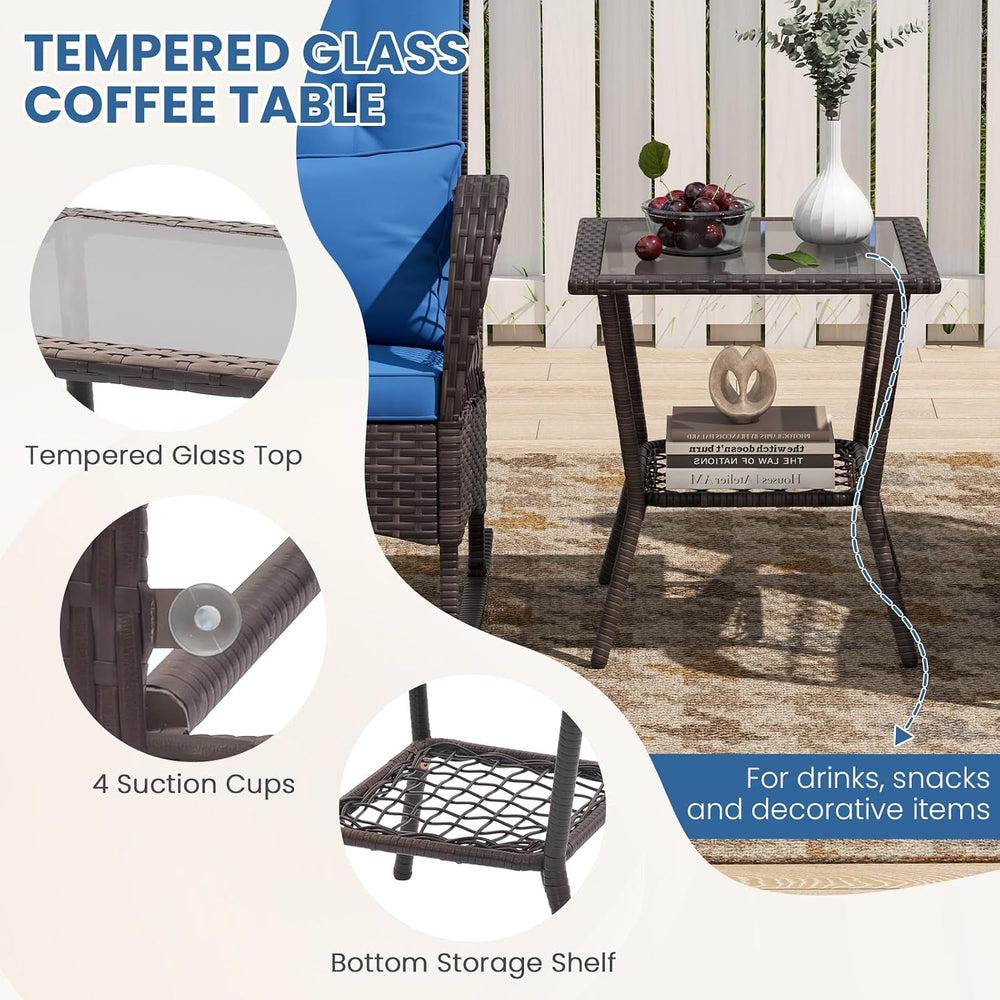 ORALNER 3 Pieces Patio Rocking Chair Set, Wicker Bistro Set (Navy)