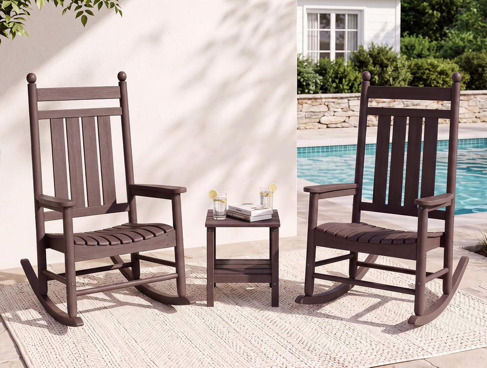 SERWALL Comfortable Outdoor Rocking Chairs Set of 3, Brown
