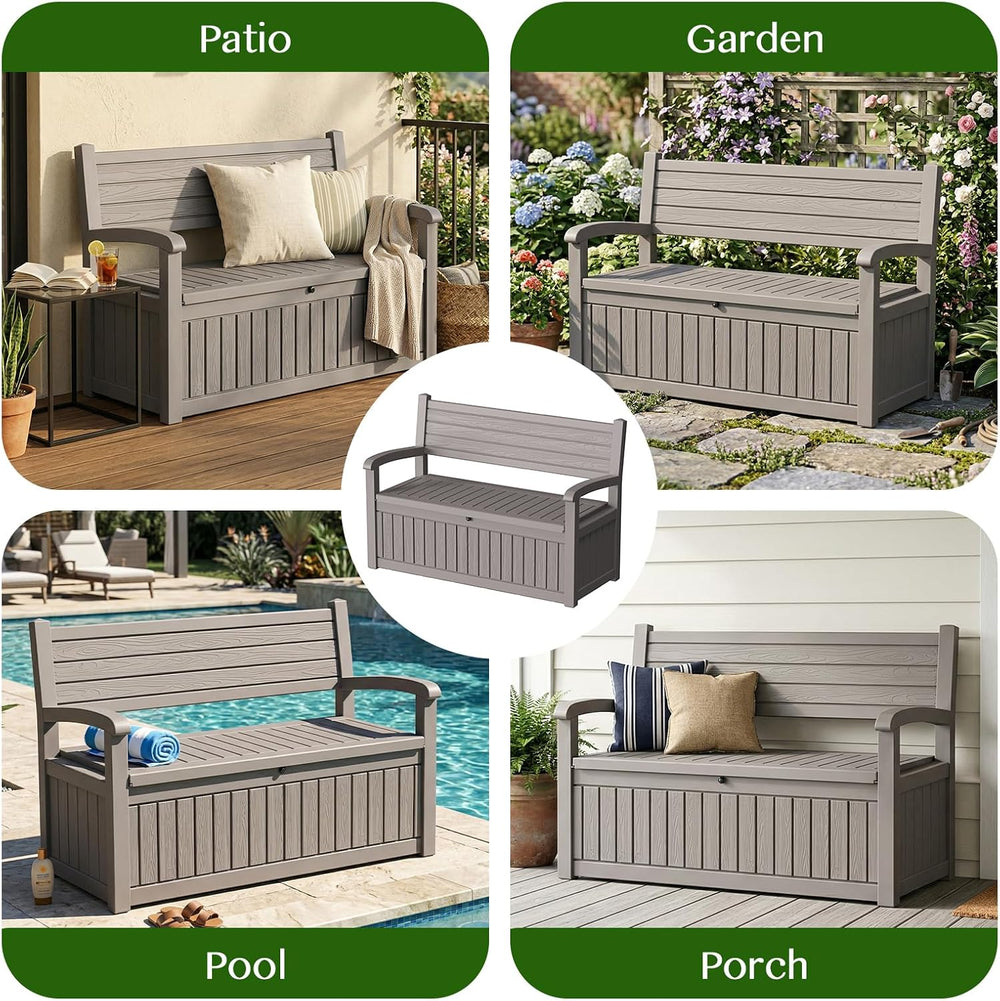110 Gallon Outdoor Storage Bench, Lockable Patio Storage Bench, Grey