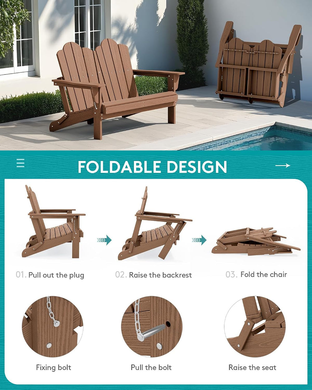 SERWALL Folding Adirondack Bench, HDPE Outdoor Bench, 660lbs Cap, Brown