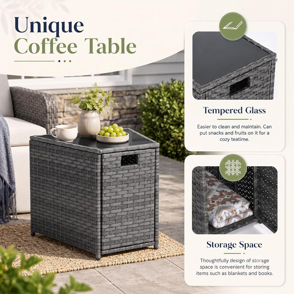 Restland Outdoor Wicker Table - Grey Rattan Coffee Table with Tempered Glass ...