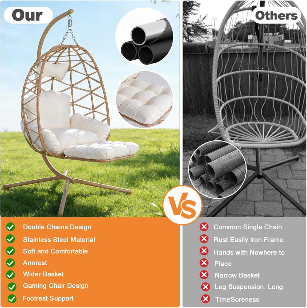 Hanging Egg Chair with Footrest & Stand, Wicker Rattan Swing Hammock Chai...