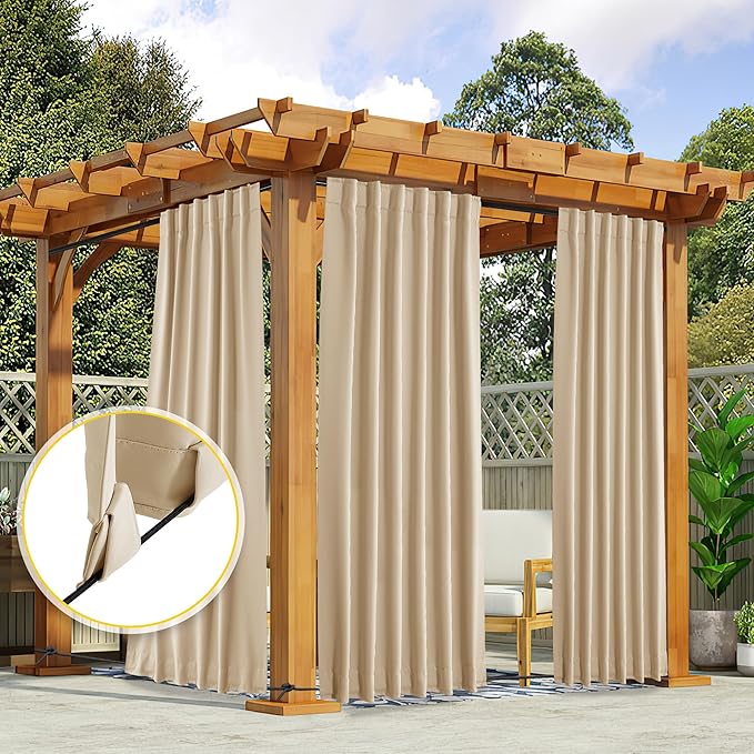 NICETOWN 2 Panels Outdoor Curtains for Patio Waterproof & Windproof, Pock...