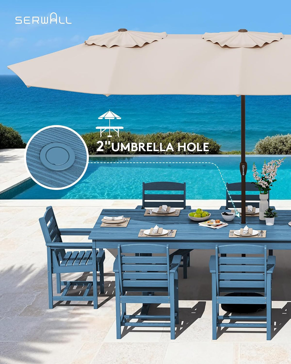 SERWALL 10Pcs 84" HDPE Outdoor Dining Set w/Armchairs & Umbrella,Blue