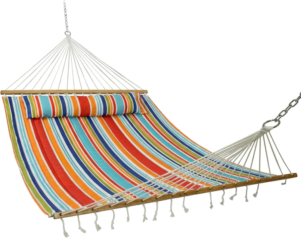 Sunnydaze Quilted Double Hammock for Outside with Pillow, Caribbean Stripe