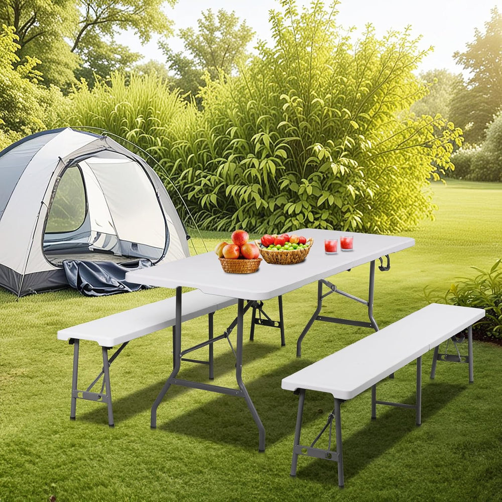 SUPER DEAL Folding Table Set with 2 Benches, 6 FT Camping Picnic Table Set, O...