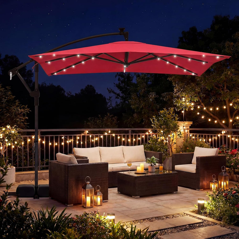 Tangkula 8x8 FT Solar Patio Umbrella with Base Included, Square Offset Cantil...