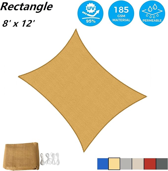AsterOutdoor Sun Shade Sail Rectangle 8' x 12' UV Block Canopy for Pa...