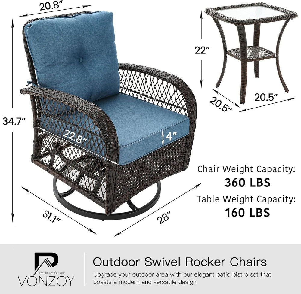 Patio Furniture Set 3 Pieces, Outdoor Swivel Glider Rocker Bistro Set, Blue