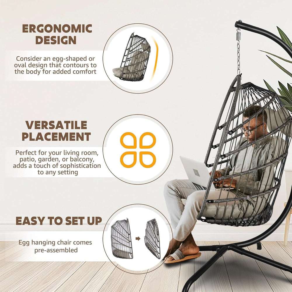 Chihee Egg Chair Foldable Wicker Rattan Hanging Swing Chair Indoor Outdoor Pa...