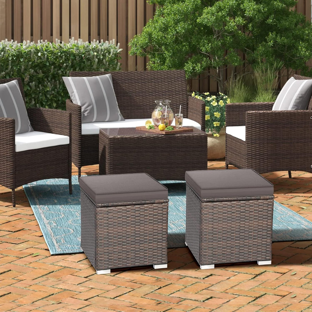 RELAX4LIFE Wicker Outdoor Storage Ottoman, 2-Piece Rattan Footstool w/Removab...