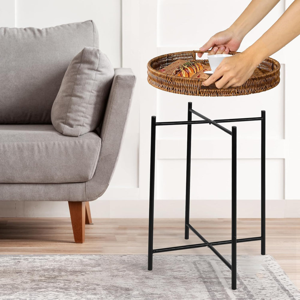 DINGTAI Small Wicker Round End Table, 16.5 in Rattan End Tables with Removabl...