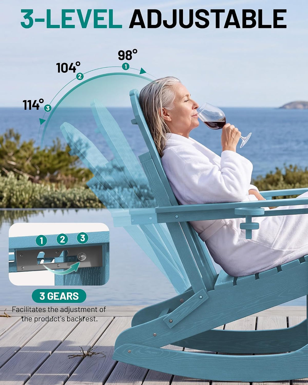 PLUUV Folding Adirondack Rocking Chair with Retractable Ottoman, Aruba