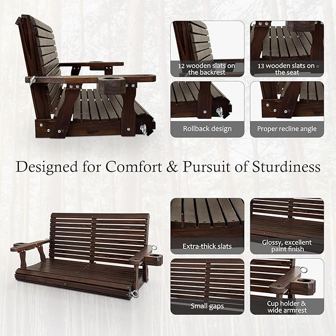 Wooden Porch Swing 2-Seater, High Backrest and Deep Seat, Bench Swing with Cu...