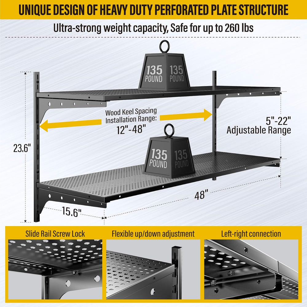 2 Tier 1.3x4ft Garage Shelving Wall Mounted, 15.6x48inch per Shelf Height Cas...