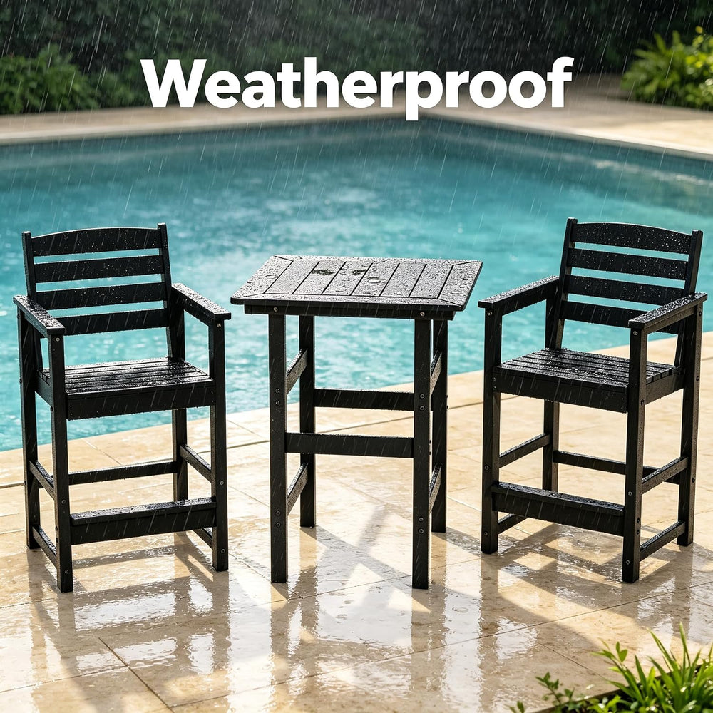 3-Piece Outdoor Bistro Bar Set, HDPE Bar Height Table & Chairs, Black