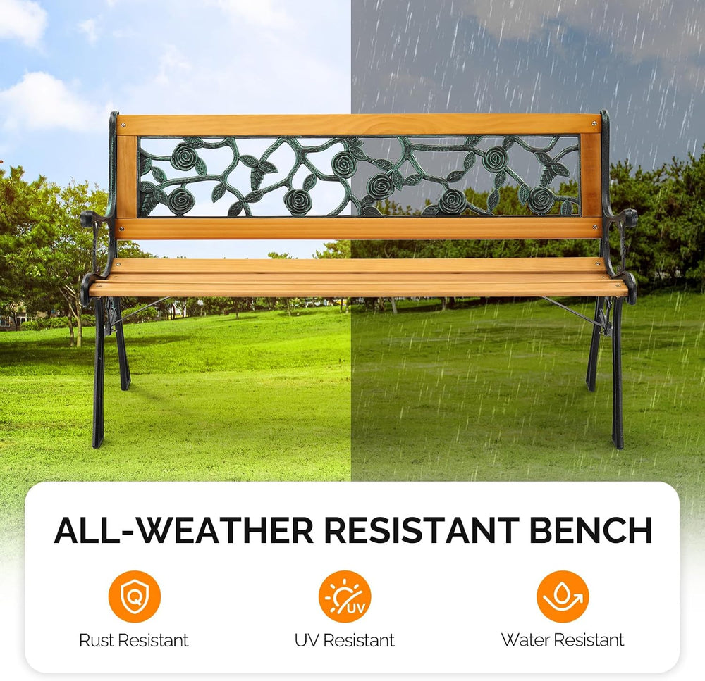 VINGLI Outdoor Bench, Weather Resistant Cast Iron Frame＆Teak Wood Seat w/PVC ...
