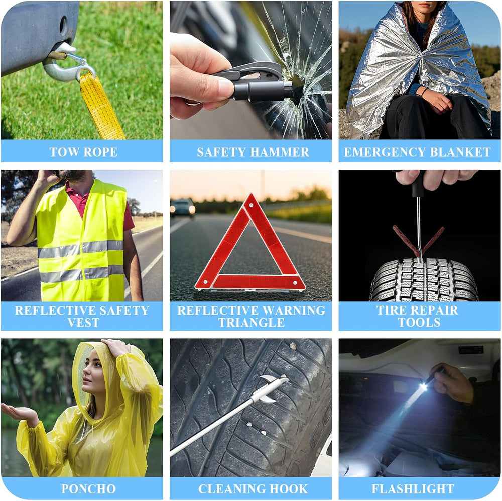 Car Emergency Roadside Assistance Kit with Jumper Cables Tire Inflator Automo...
