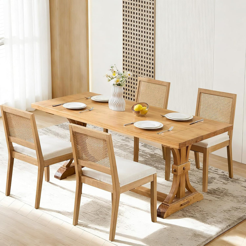 French Country Dining Chairs, Beige Color Rattan, Set of 4
