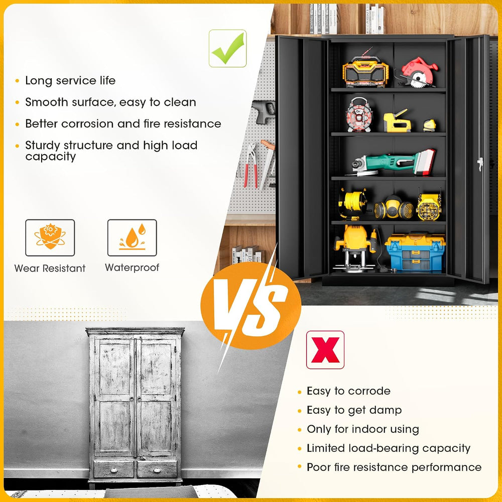 72" H Metal Storage Cabinet with 2 Doors and 4 Adjustable Shelves, Black...