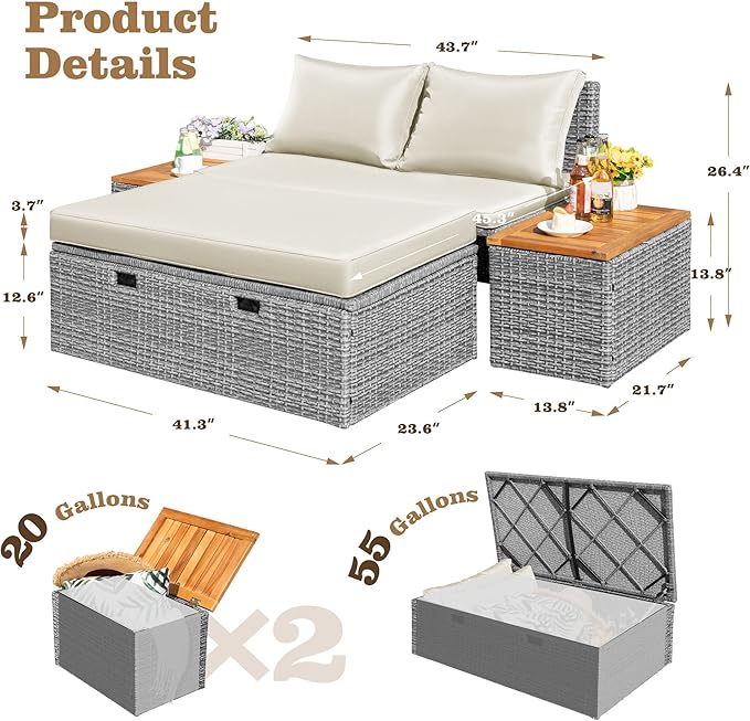 Flamaker Outdoor Rattan Daybed with 2 Side Tables, Multifunctional Wicker Pat...