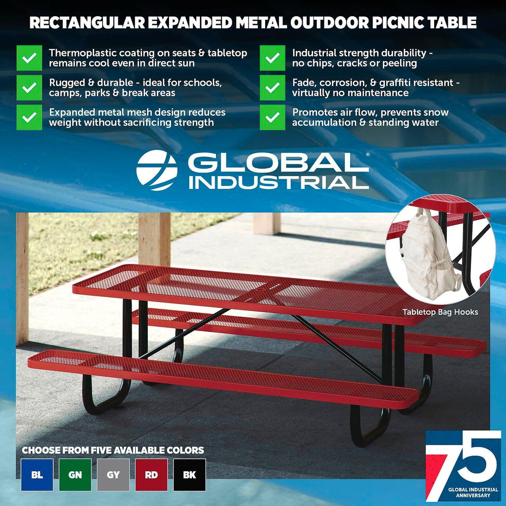 Global Industrial 8’L Rectangular Picnic Table, Expanded Metal, Green Thermop...