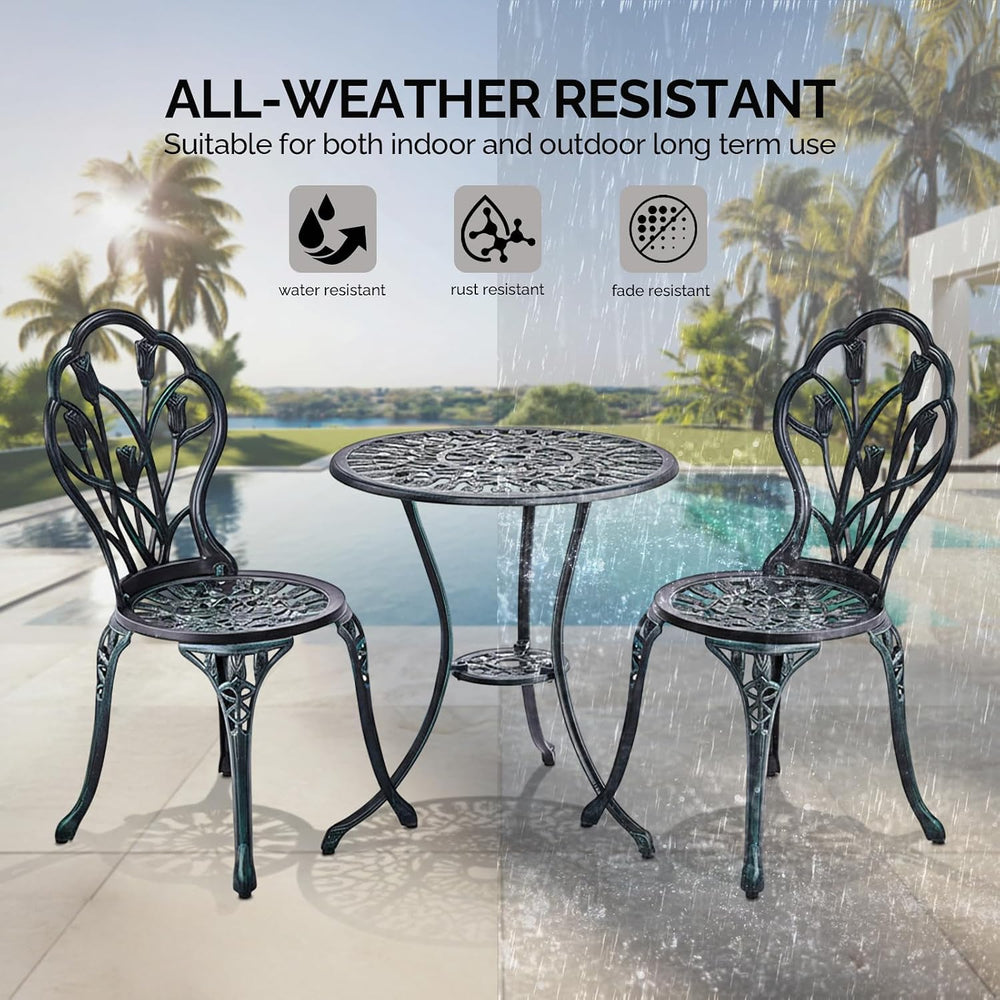 Outvita 3 Piece Cast Aluminum Bistro Set, Tulip Pattern Verdigris