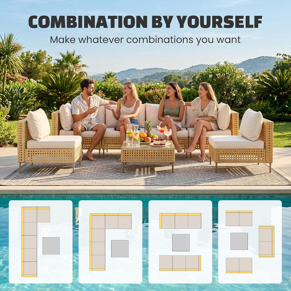 7-Piece Outdoor Furniture Set, Handmade Rattan Patio Furniture Set, Outdoor S...