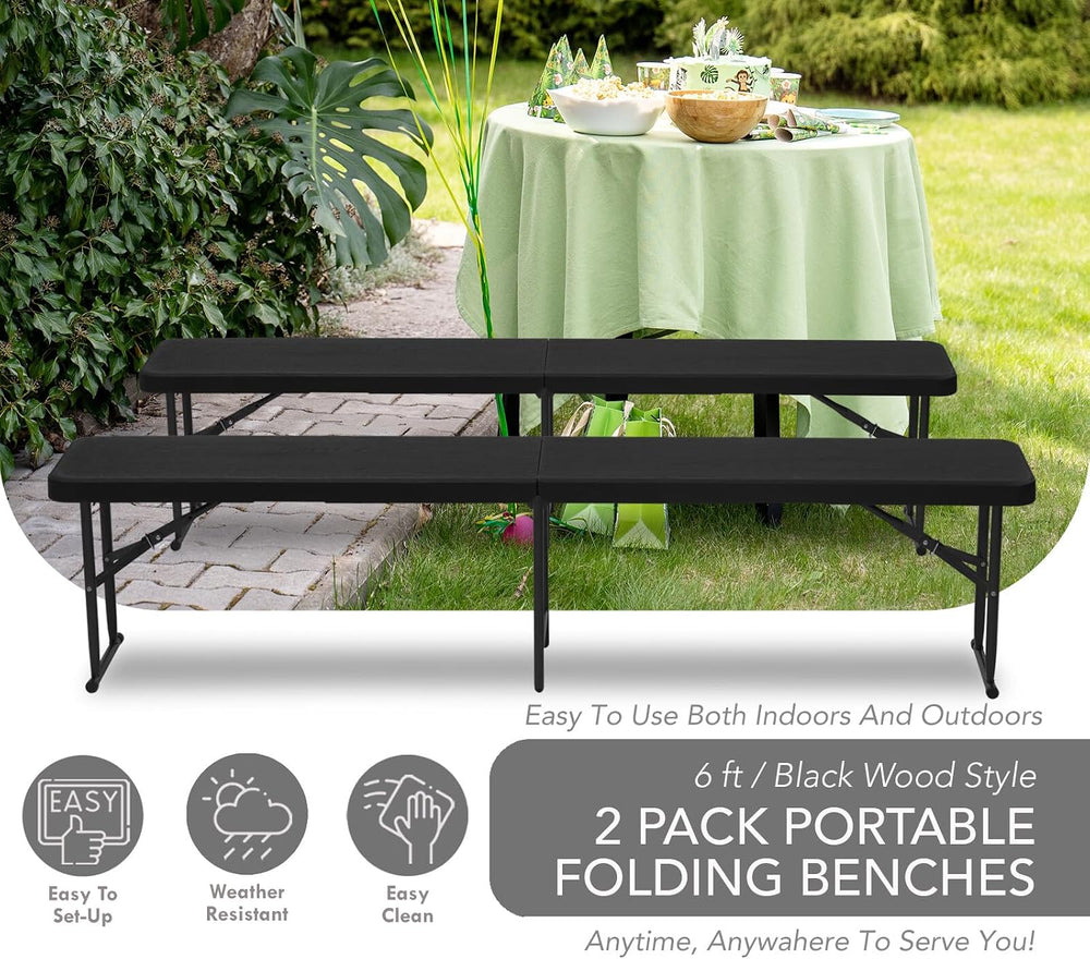 AJP Distributors 2 Pack 6 Foot Portable Plastic Folding Bench, Black