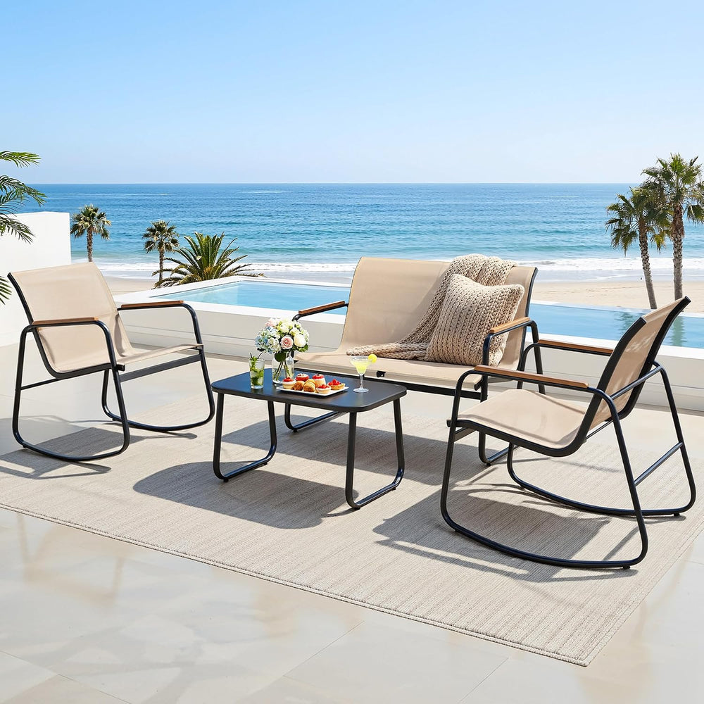 YITAHOME 4 Pieces Patio Furniture Set, Textilene Patio Set w/Wooden Armrest R...