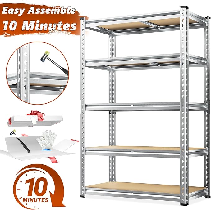REIBII Garage Shelving, 5 Tier Storage Shelves Load 2400LBS, Adjustable Garag...