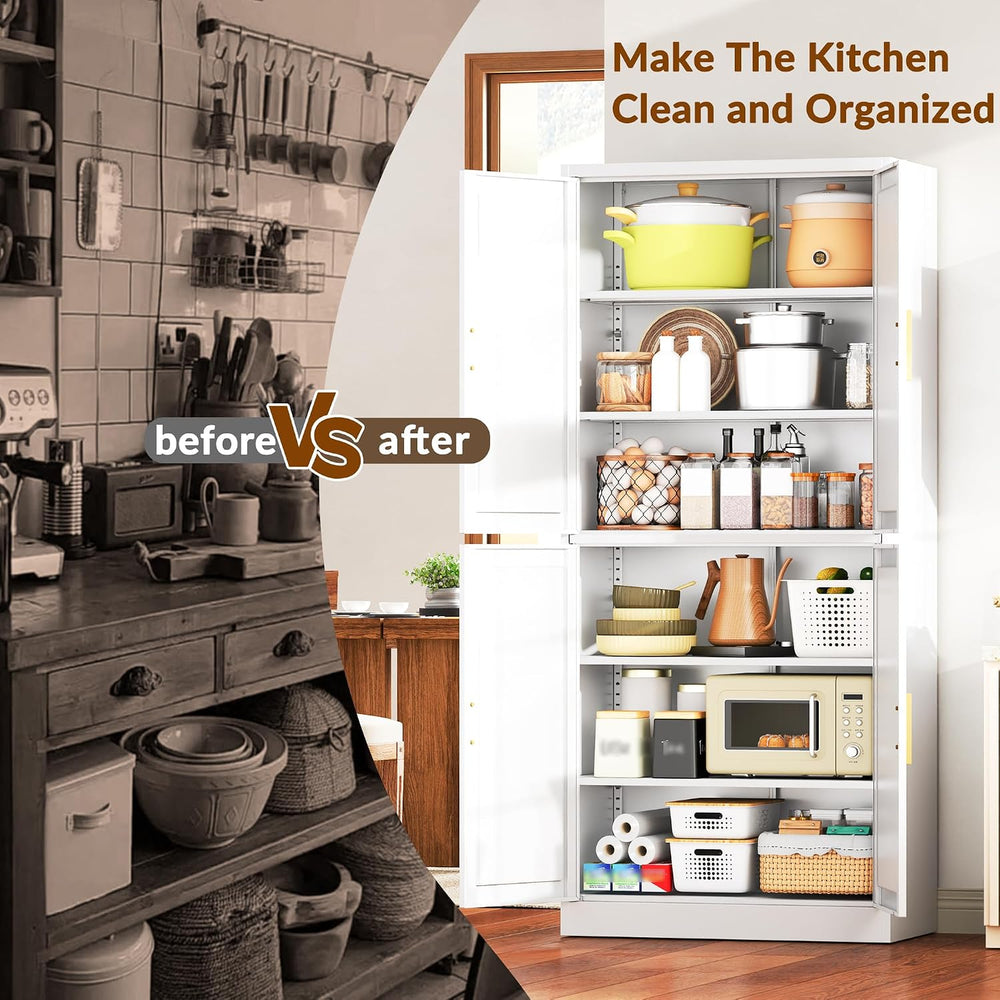 CJF White Kitchen Pantry Cabinet,71 Inch Tall Metal Storage Cabinet with 4 Ad...
