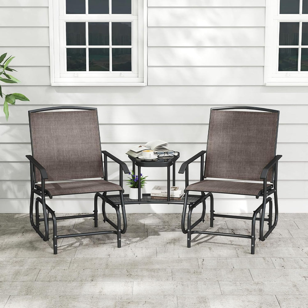 Tangkula 2-Seater Outdoor Glider Bench with 2-Tier Center Table (Brown)
