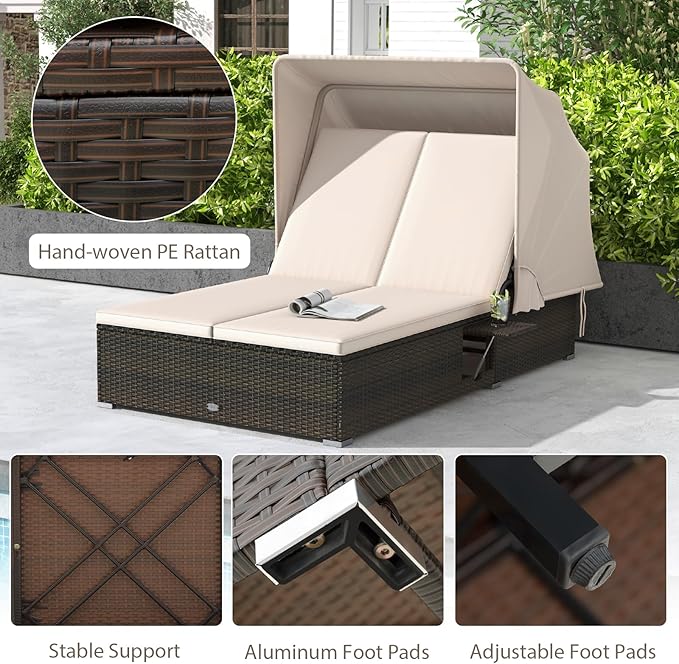 RELAX4LIFE Outdoor Daybed with Retractable Canopy - Wicker Double Chaise Loun...