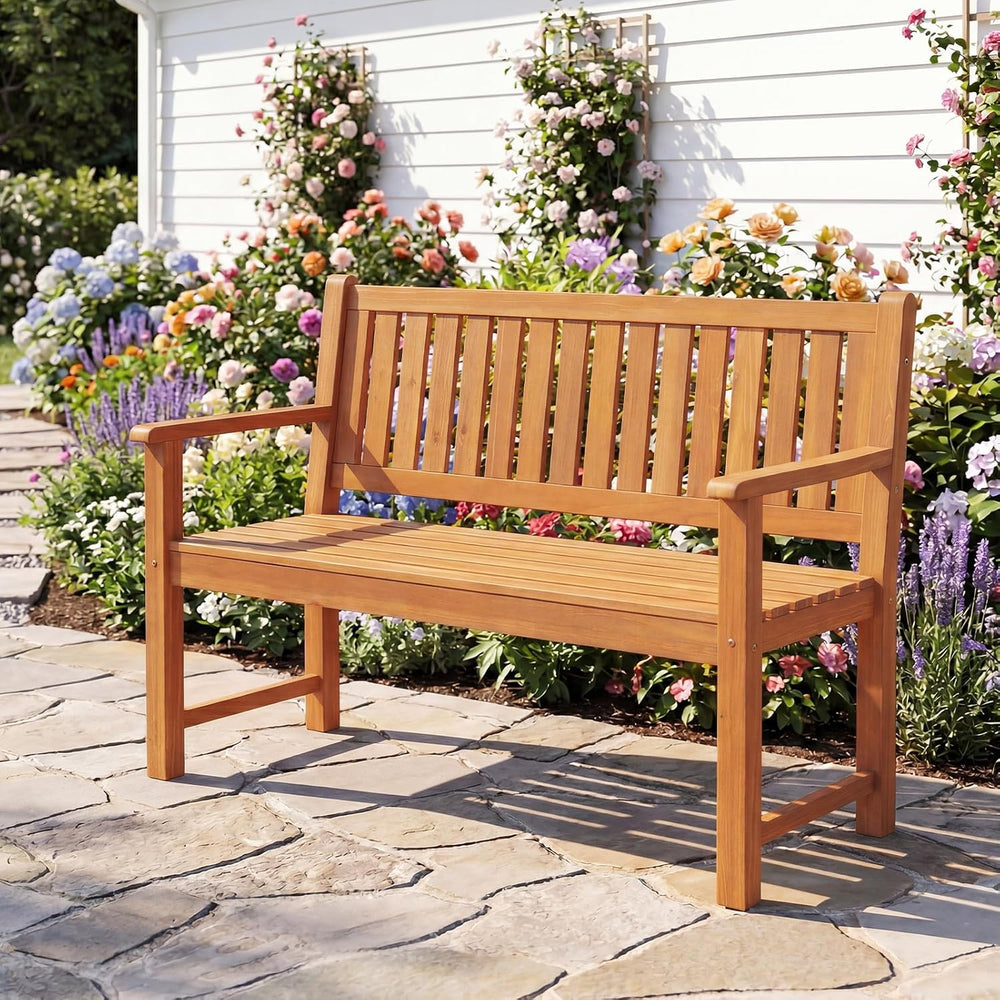 Tangkula 2-Seater Outdoor Wooden Bench, Garden Loveseat Bench, Natural