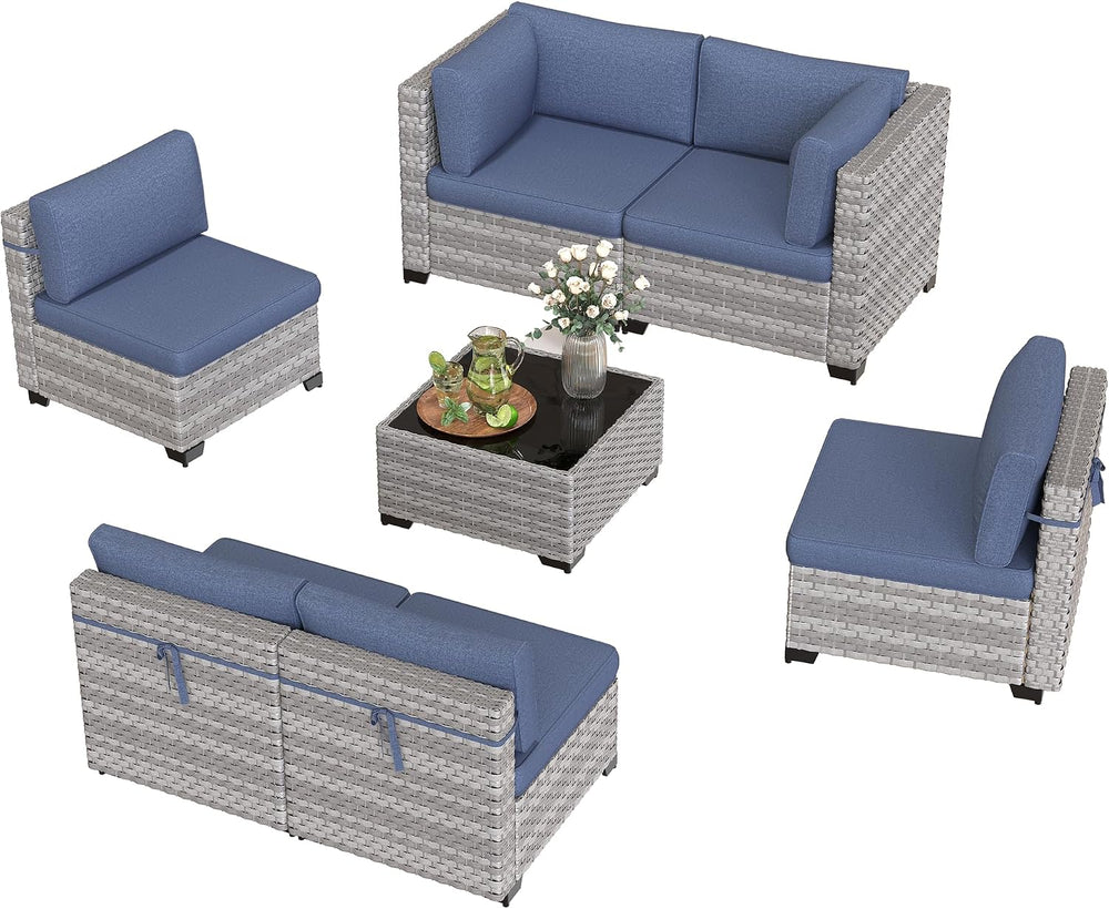 6-Seat Modular Patio Furniture Set – Outdoor Wicker Sectional Sofa with Thick...