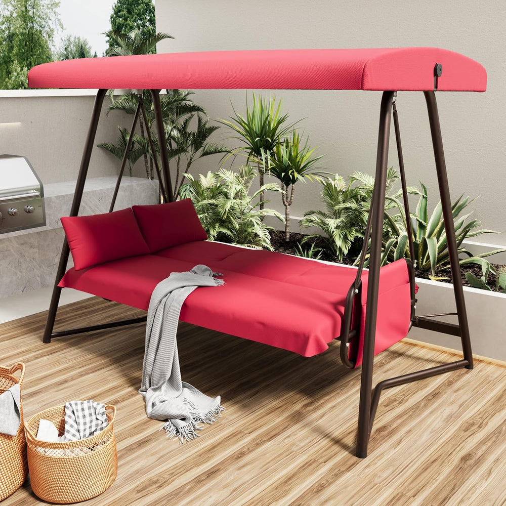3-4 Seat Outdoor Porch Swing with Adjustable Canopy Patio Swing Bed with Stan...