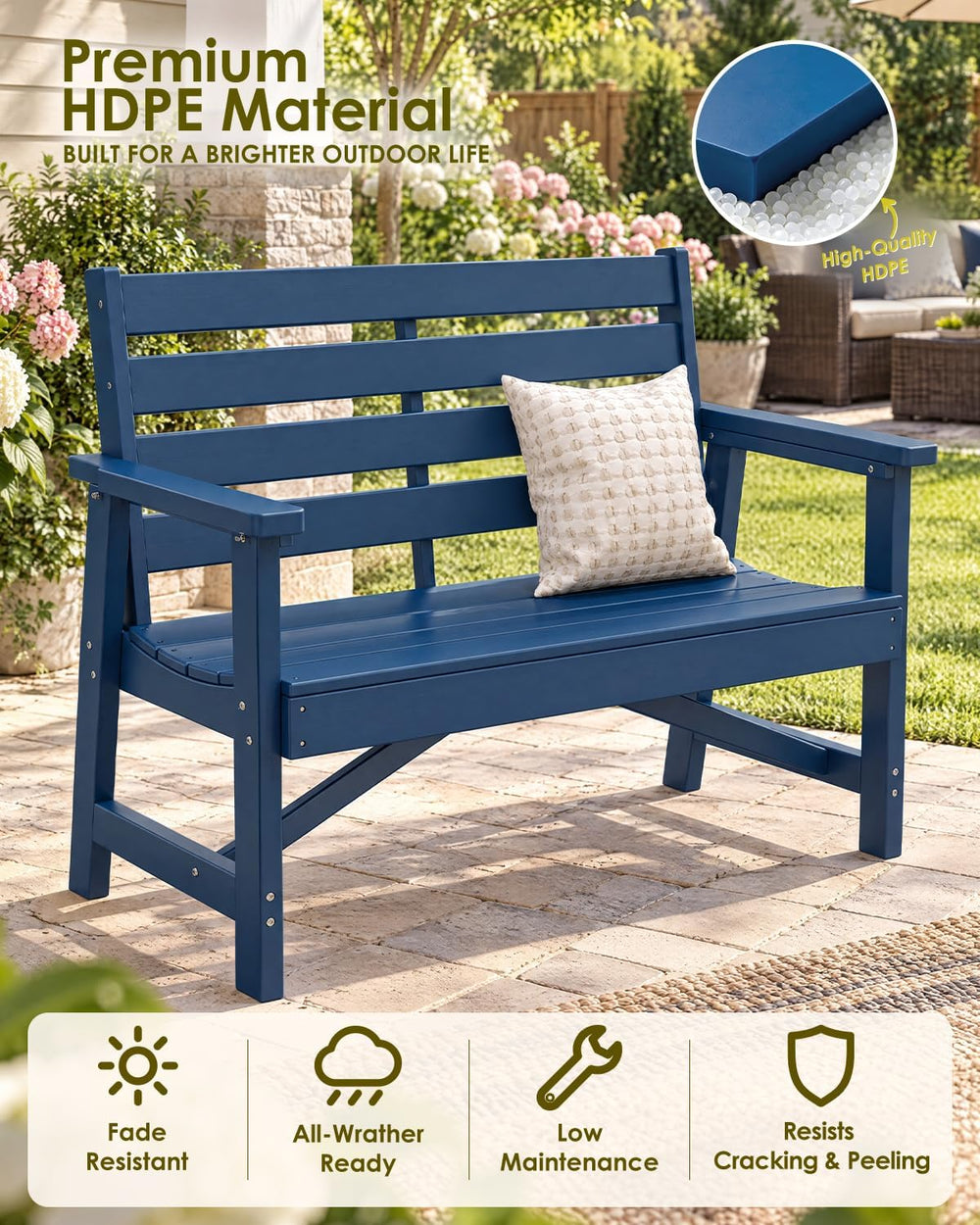 GREENVINES Outdoor Bench, 2-Person HDPE Garden Benches, Blue