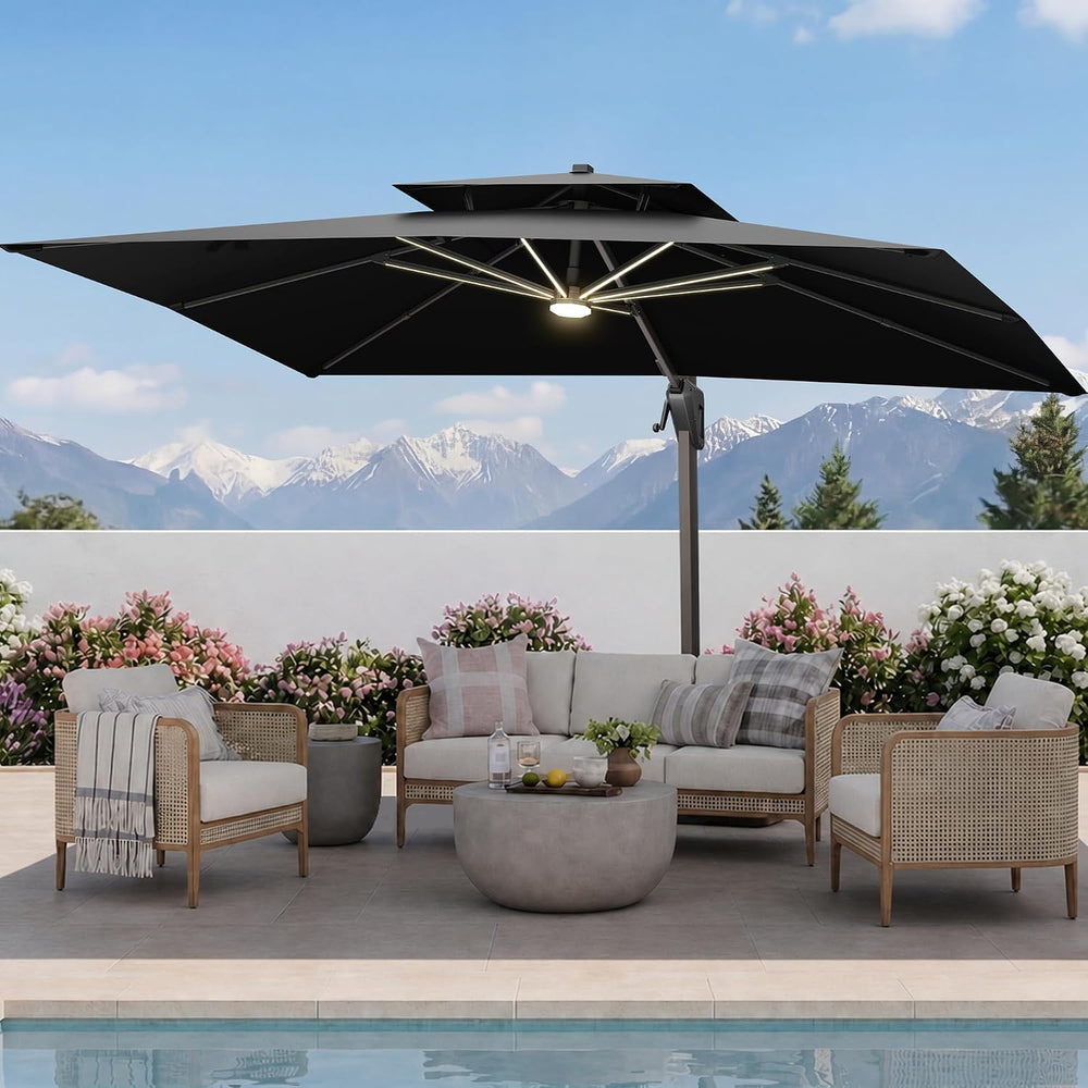 10 X 13 FT Cantilever Patio Umbrella with Base and Led Lights