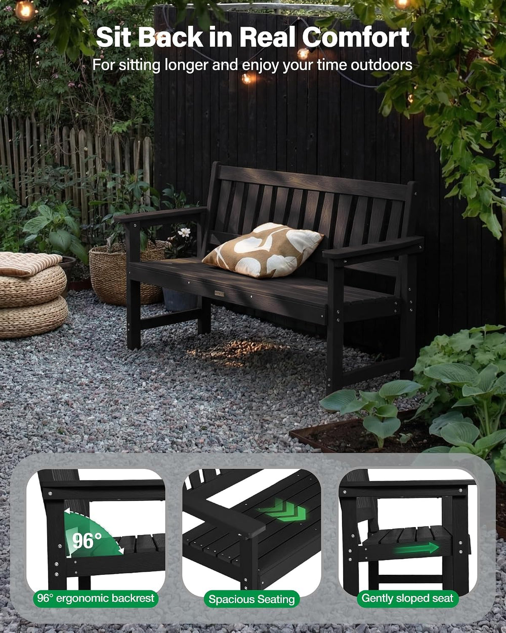 YEFU Outdoor Bench, 2-Person, Garden Bench, All-Weather, Set of 2, Black