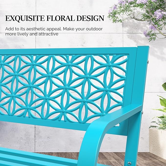 VINGLI 50" Outdoor Bench Metal with Floral Back, Garden Bench Front Porc...
