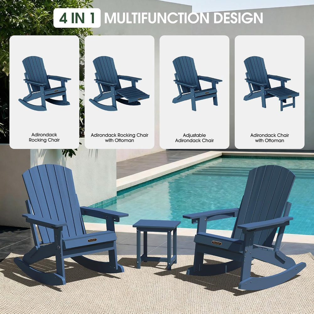 4-in-1 Rocking Adirondack Chair with Footrest, HDPE, Navy Blue