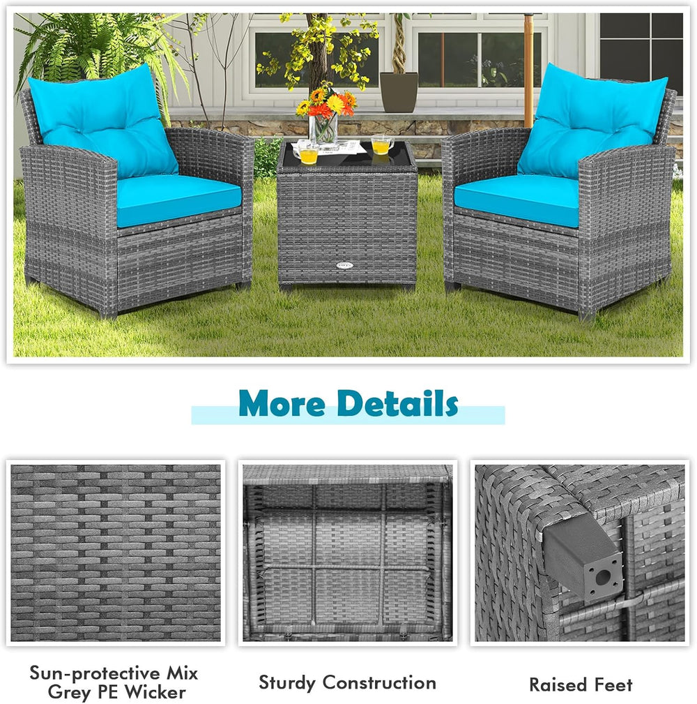 Tangkula 3 Pieces Patio Furniture Set, Outdoor PE Rattan Conversation Chair S...