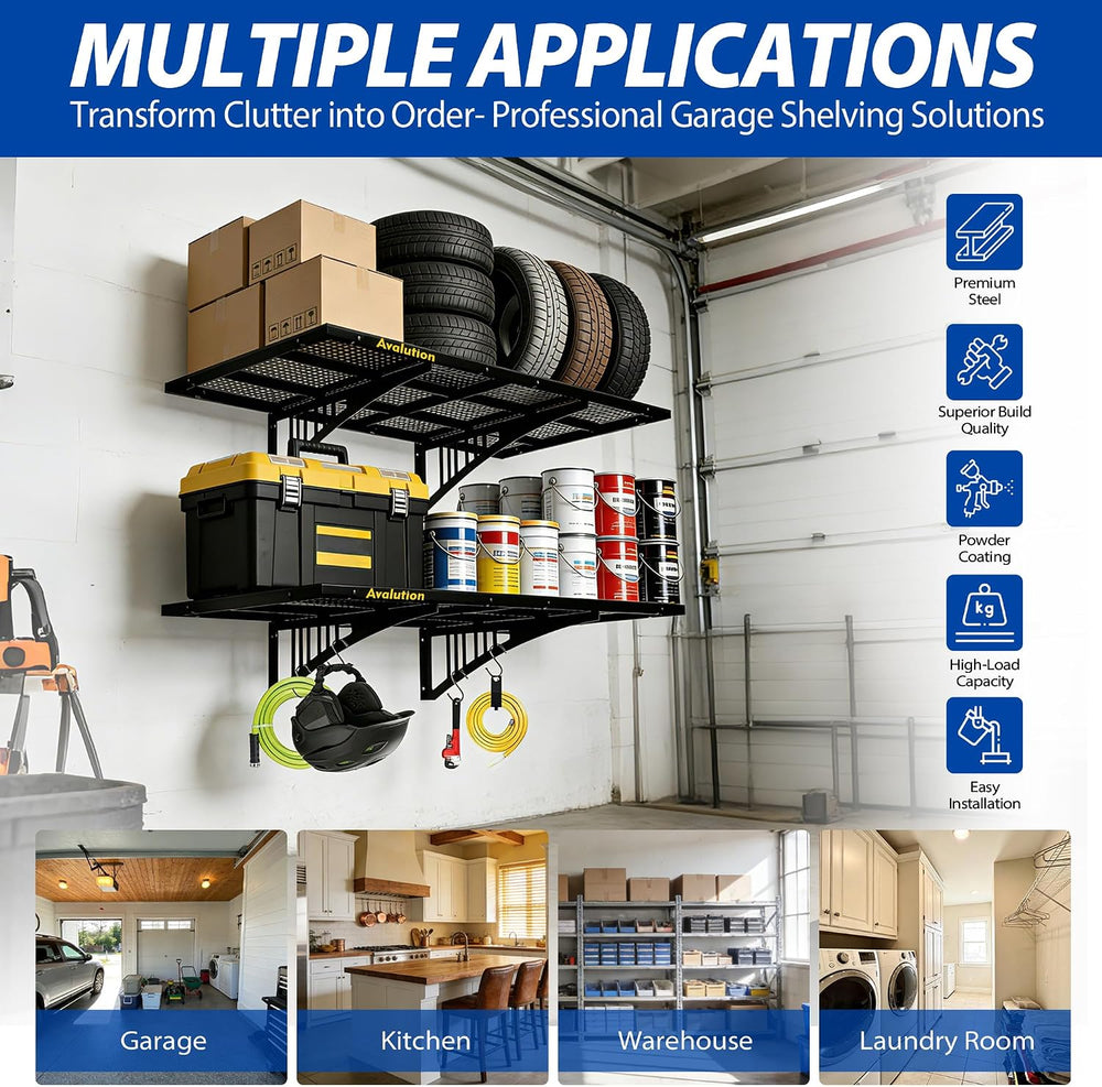 Avalution 2 Pack 2x3ft Garage Shelving Wall Mounted with Hooks,650lbs